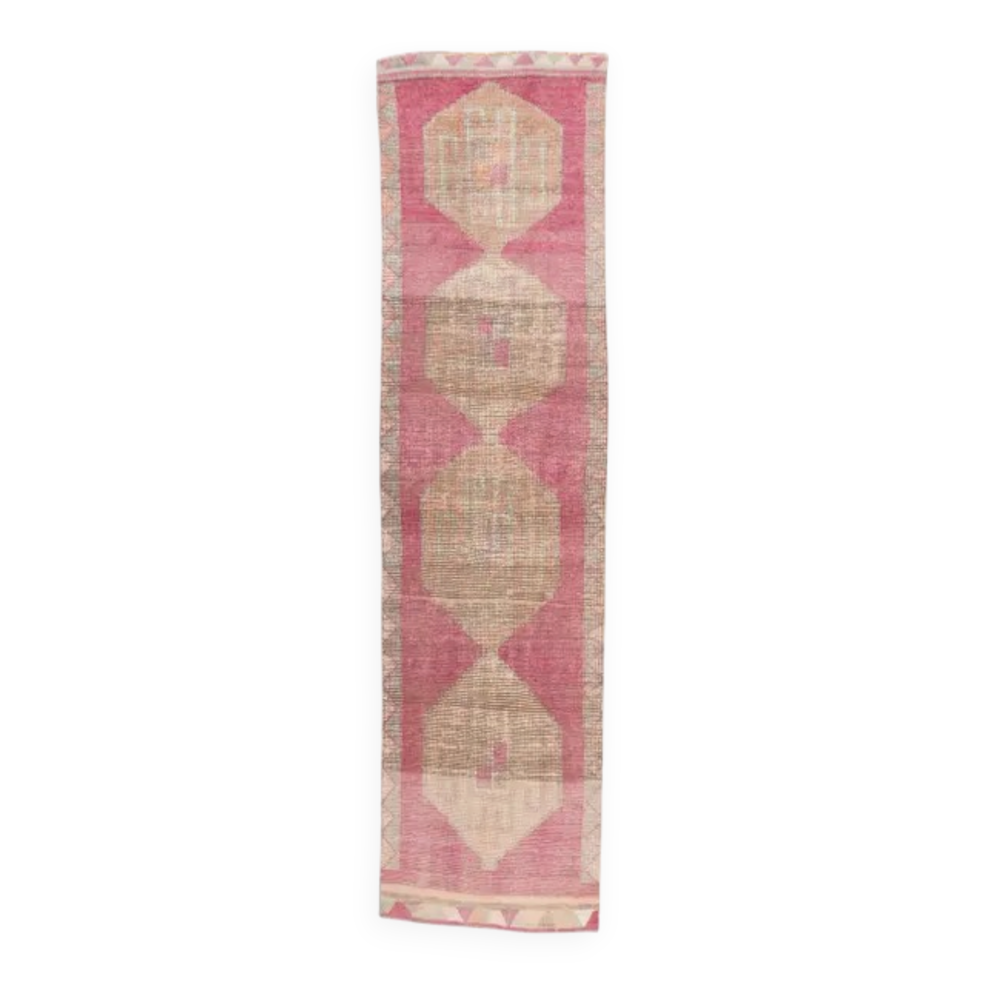Vintage pink geometric Turkish hand-knotted runner 92x356