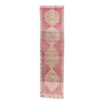Vintage pink geometric Turkish hand-knotted runner 92x356