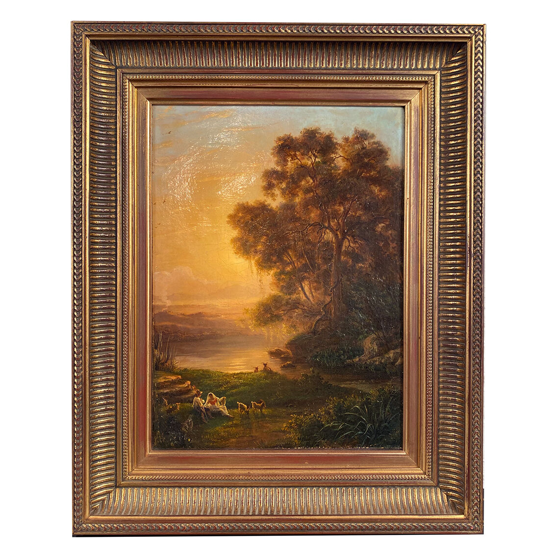 "Animated landscape at sunset", oil on canvas 19th century