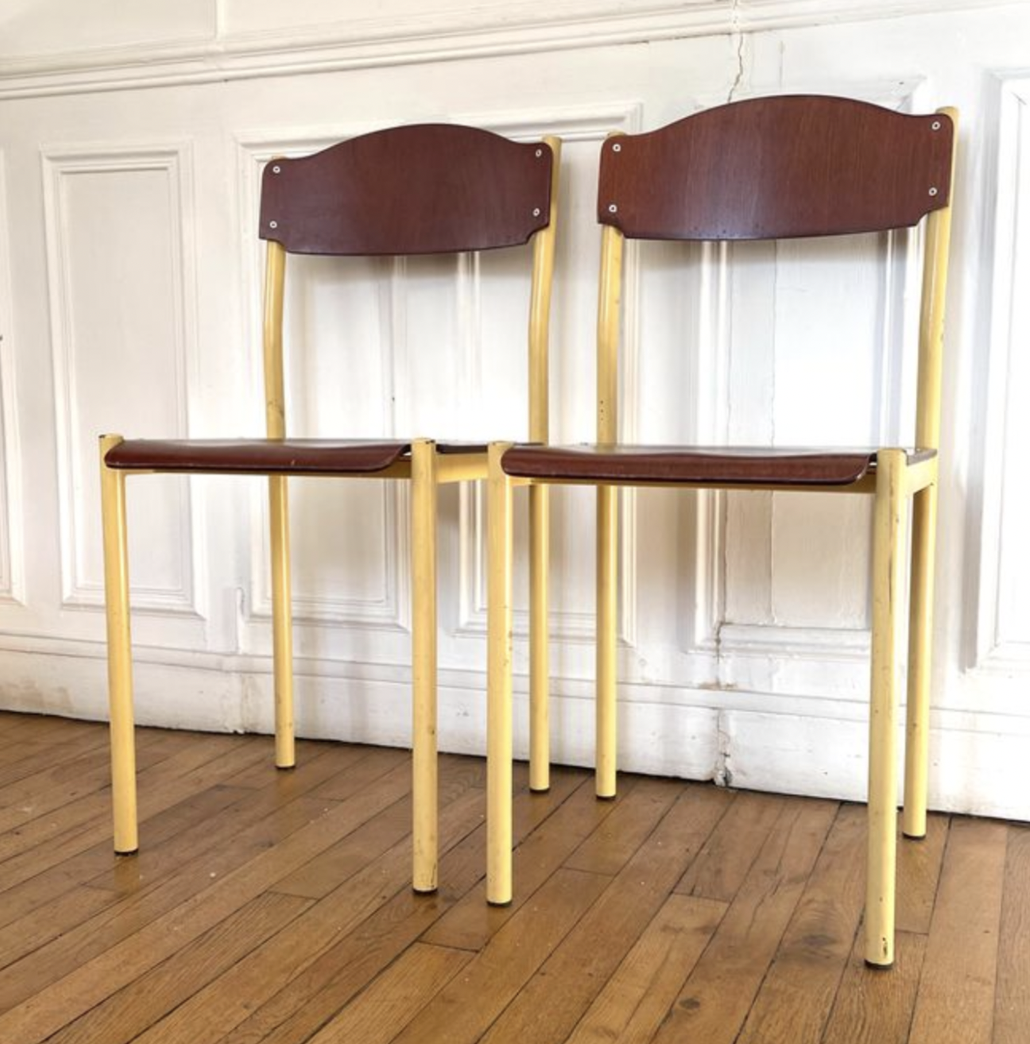 Pair of vintage industrial chair metal & wood, 1980