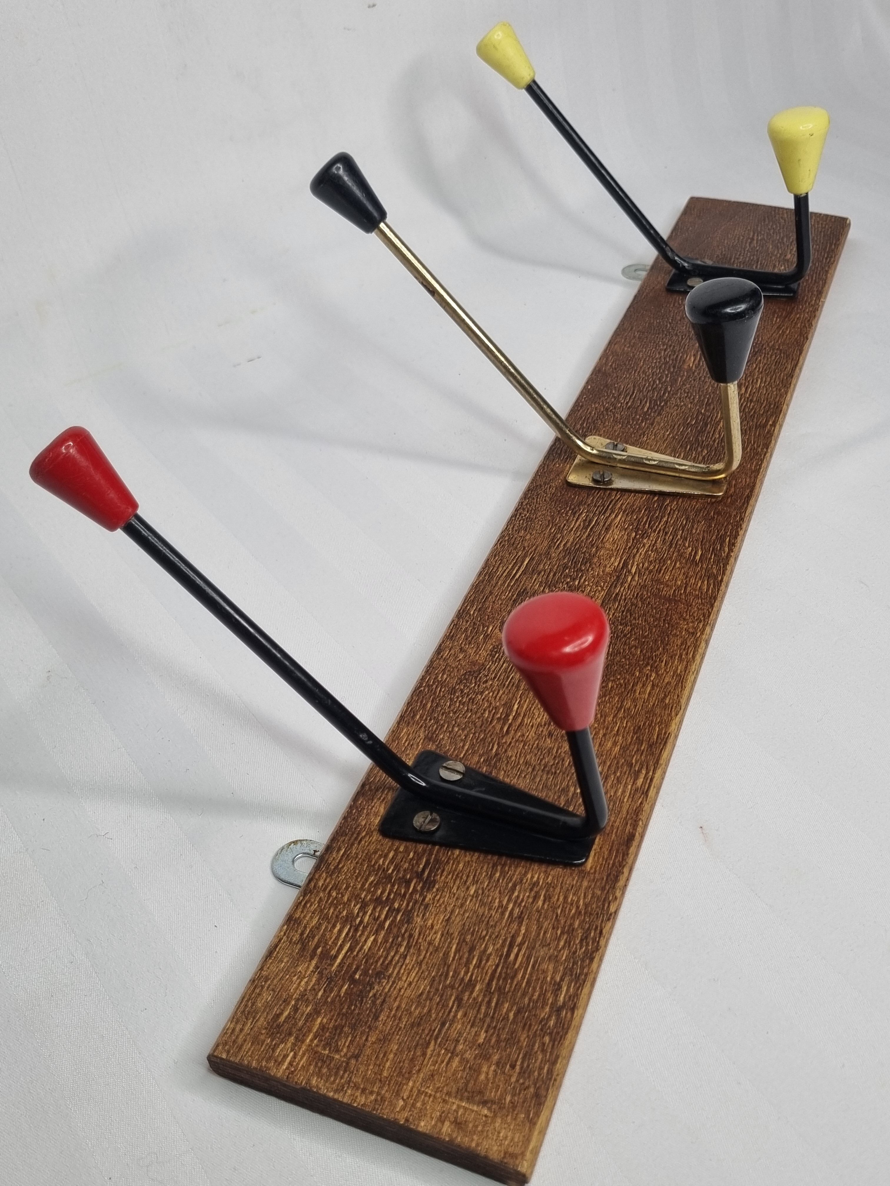 Vintage coat rack, three double tricolor hooks, 50-60s, 53 cm