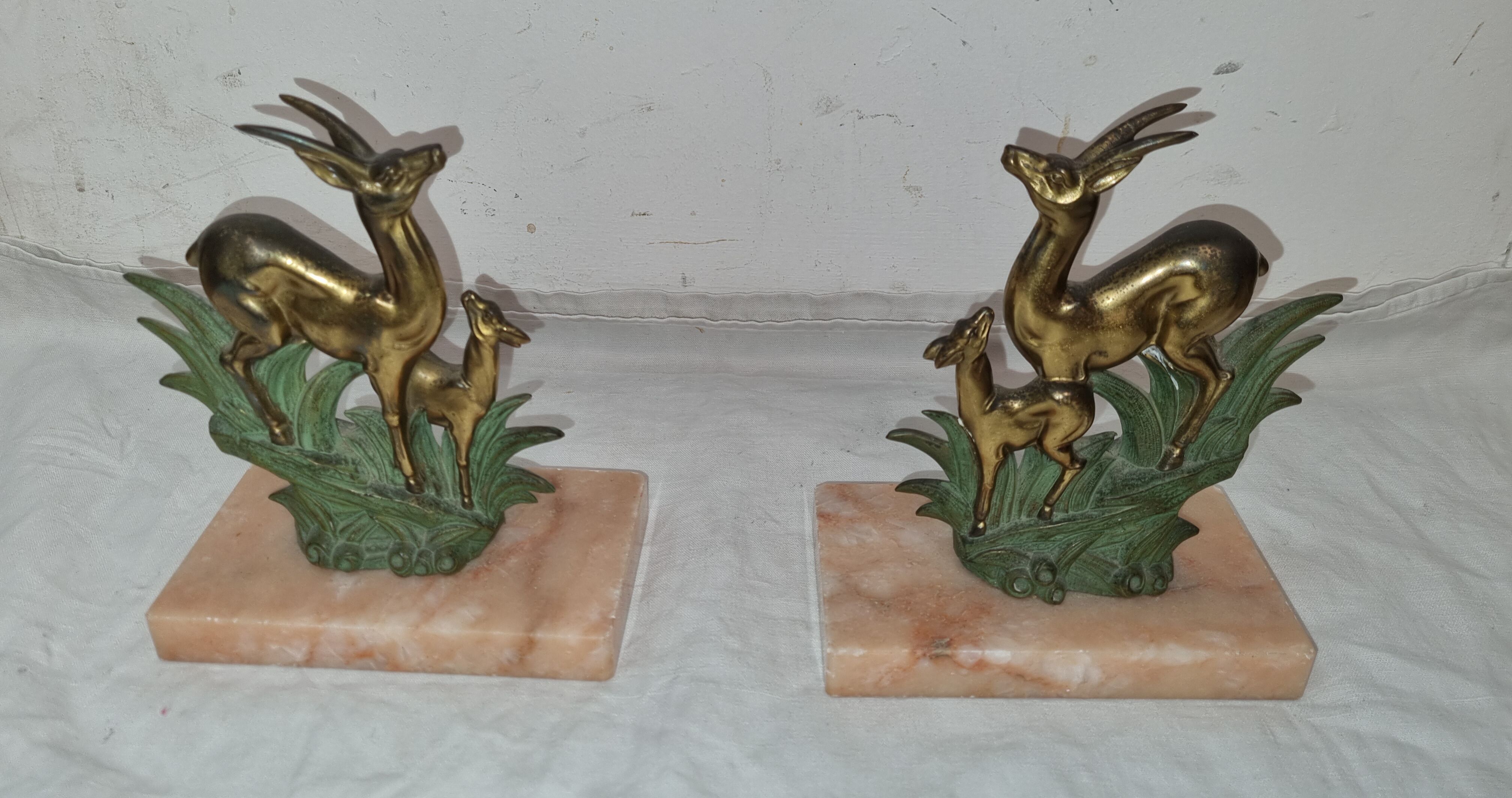Bookends art deco bronze & marble gazelles