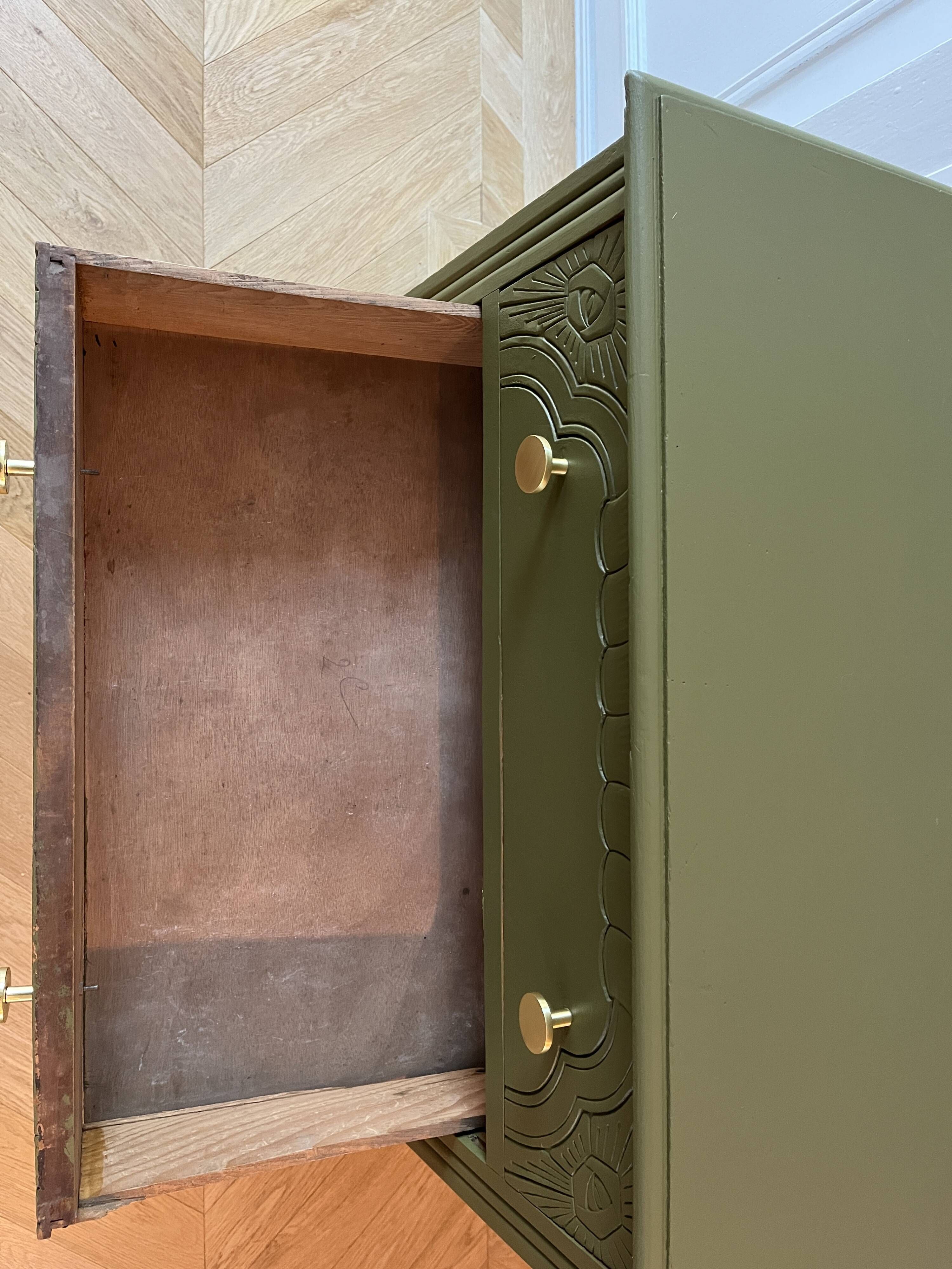Art Deco chest of drawers - woody green - gold handles