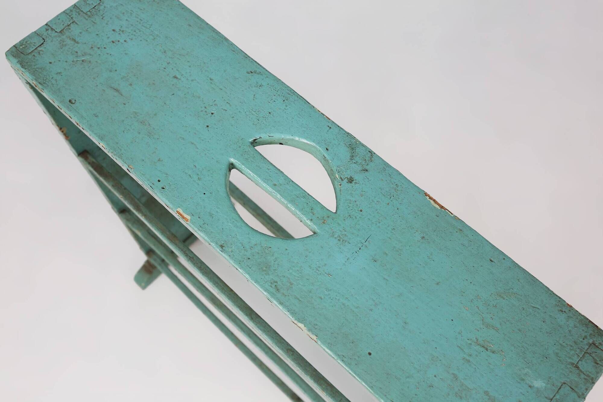 Industrial small mint-colored rack or bookcase with 4 shelves and beautiful patina, Belgium, 1920s