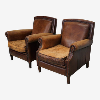 Vintage dutch cognac colored leather club chairs