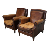 Vintage dutch cognac colored leather club chairs