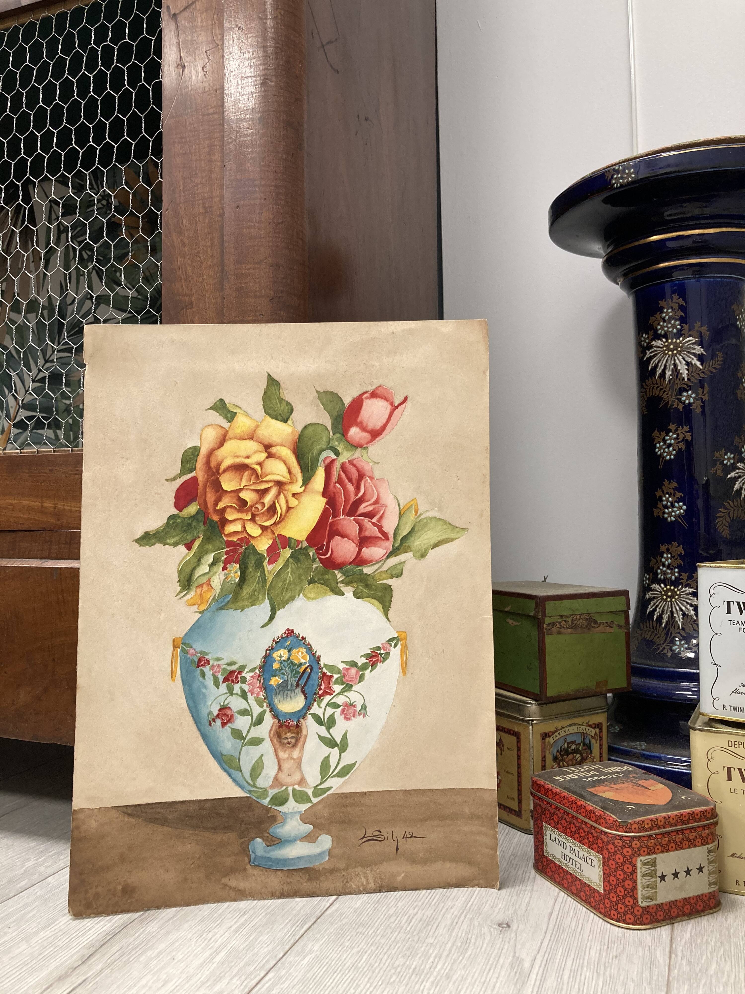 Vintage watercolor with roses in earthenware vase with angel