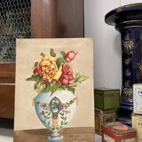 Vintage watercolor with roses in earthenware vase with angel