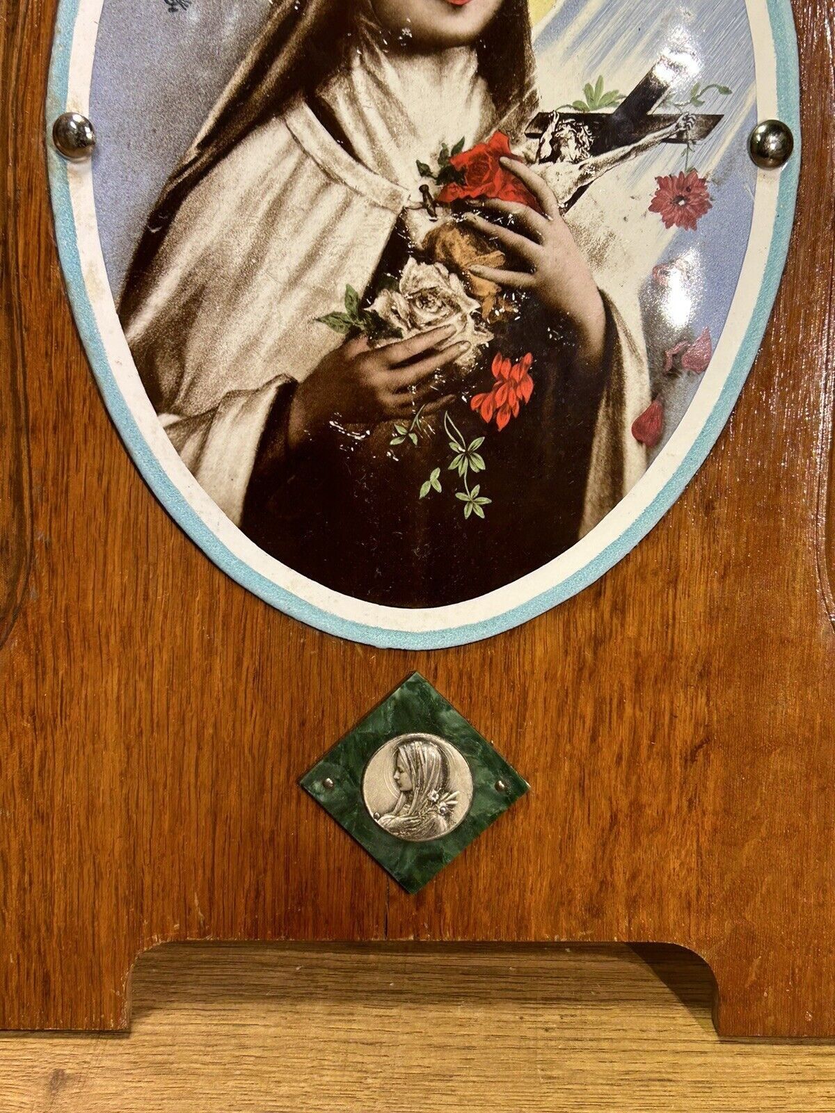 Old bedside oratory, oak, enamelled plaque, holy virgin, lourdes