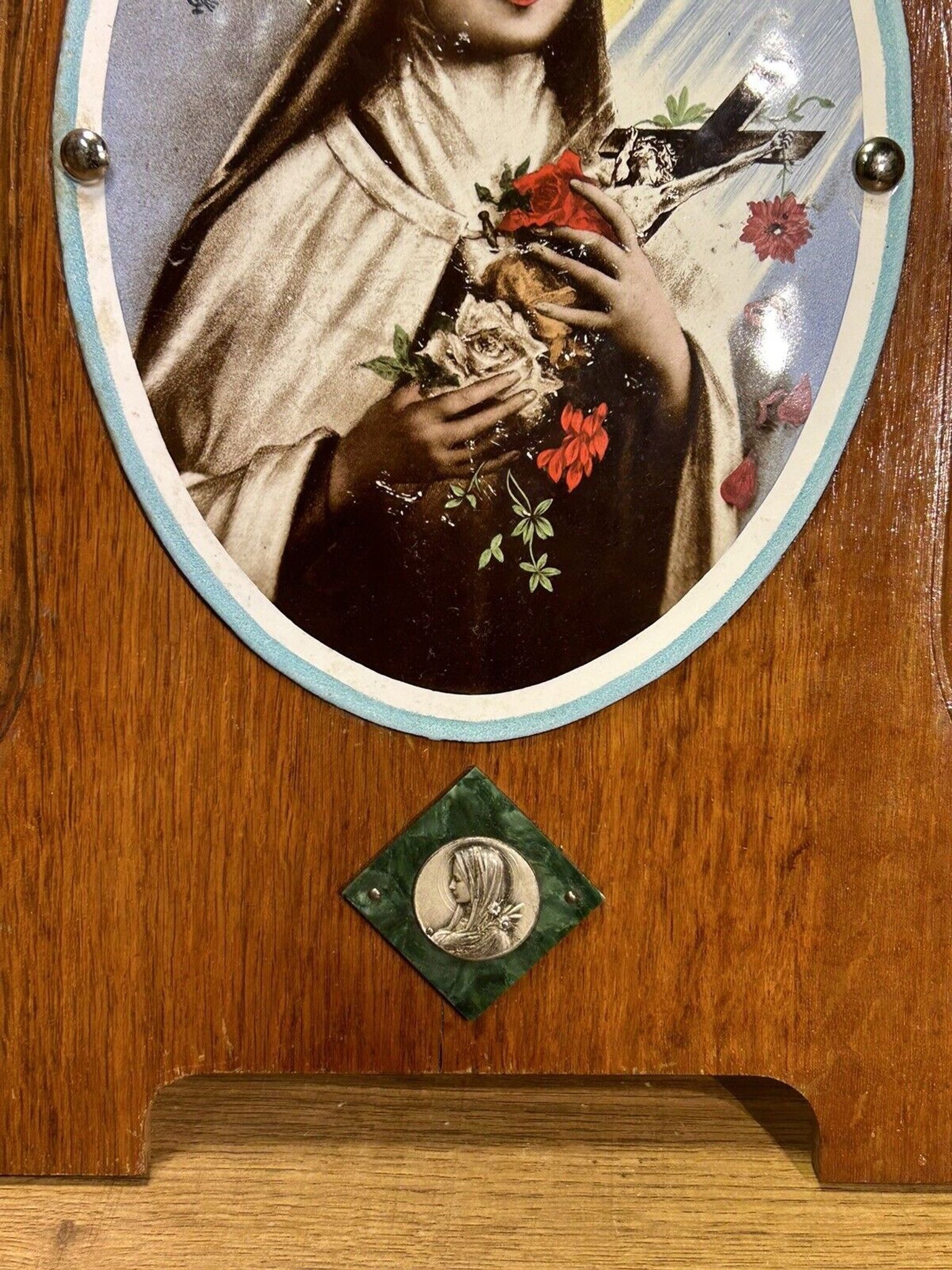 Old bedside oratory, oak, enamelled plaque, holy virgin, lourdes