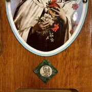 Old bedside oratory, oak, enamelled plaque, holy virgin, lourdes