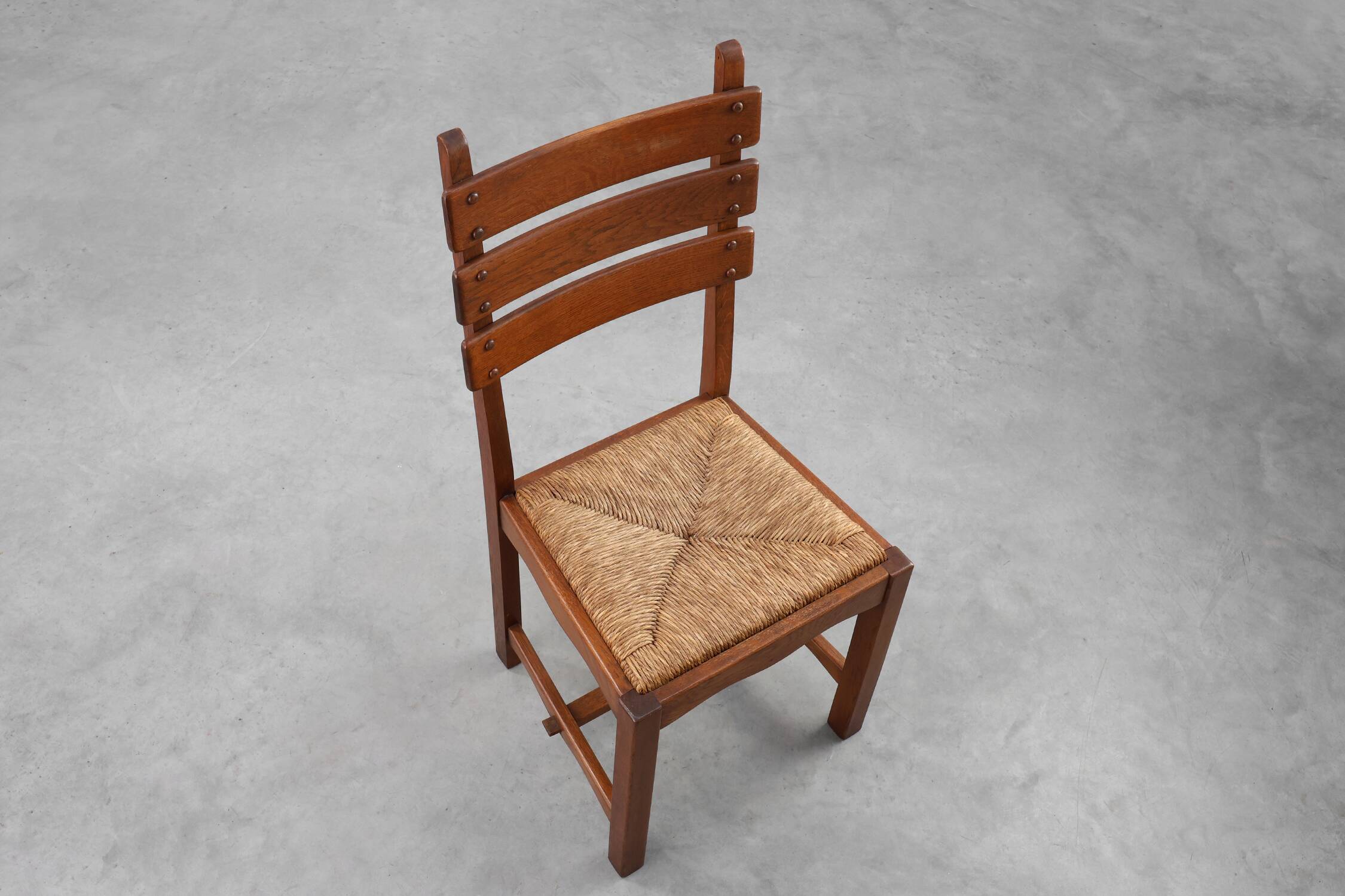 1960s Belgian Mid-Century Chair in Oak and Wicker, Brutalist Style