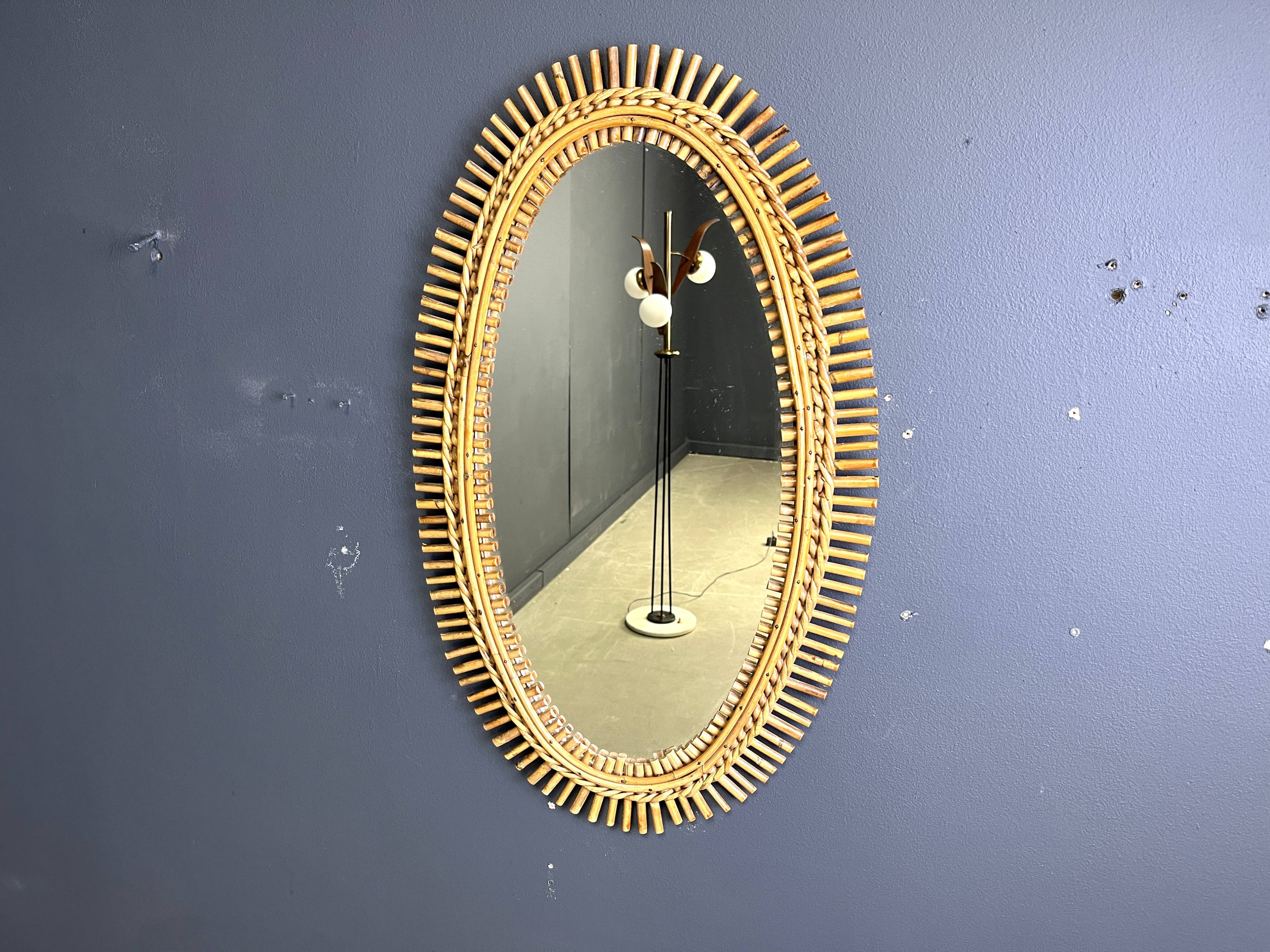 Miroir en bambou italien du milieu du siècle, années 1960