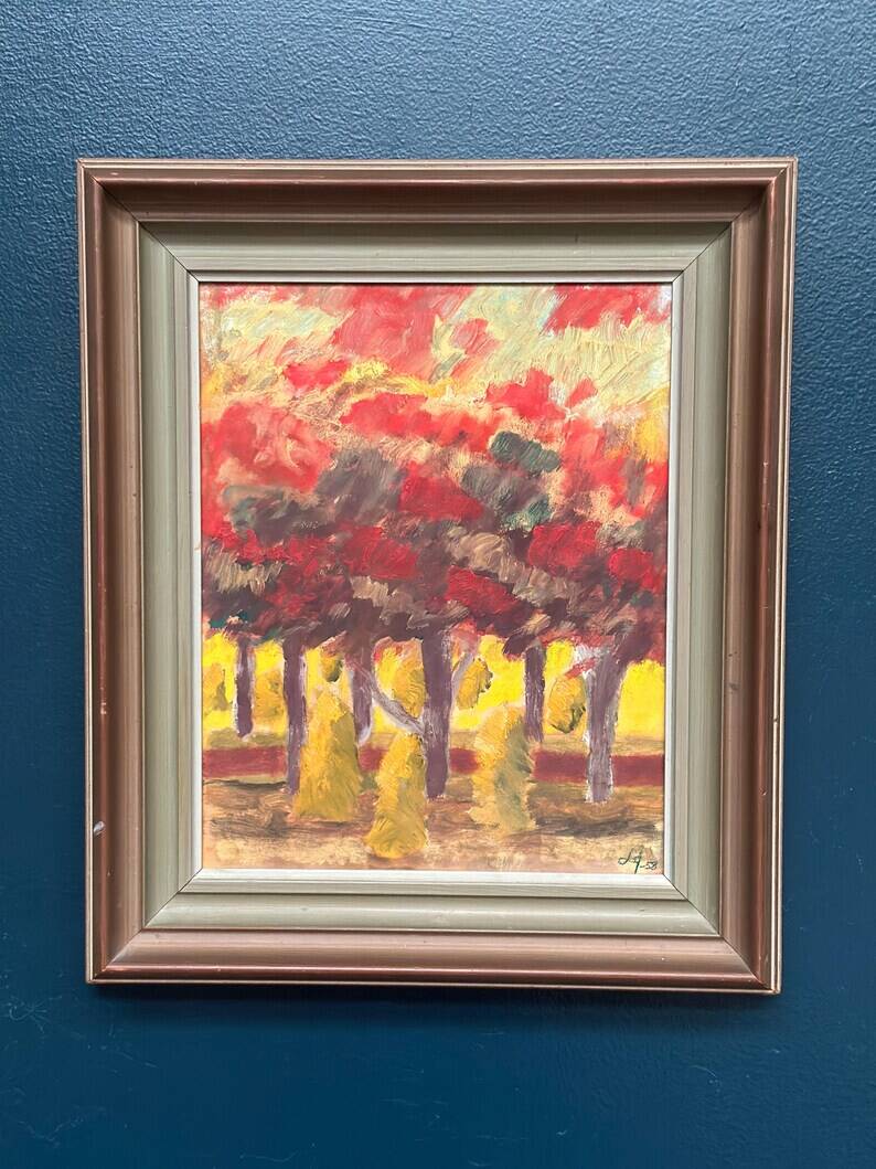 Huile sur panneau originale suédoise "Forêt", signée, vintage et encadrée.