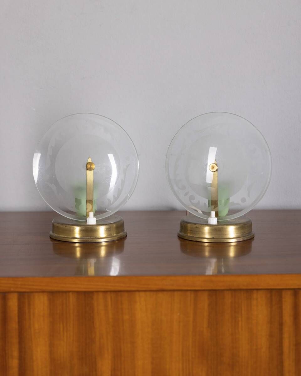 Pair of Vintage 1950s Brass and Glass Table Lamps, Italian Design