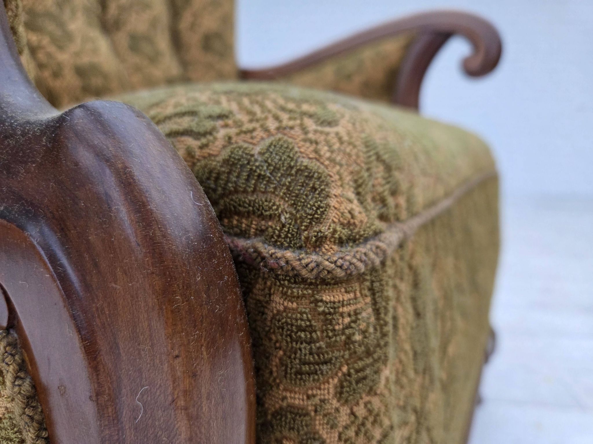 1950s, Danish armchair, furniture wool, hand carved oak wood.
