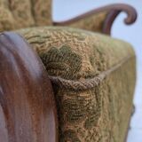 1950s, Danish armchair, furniture wool, hand carved oak wood.