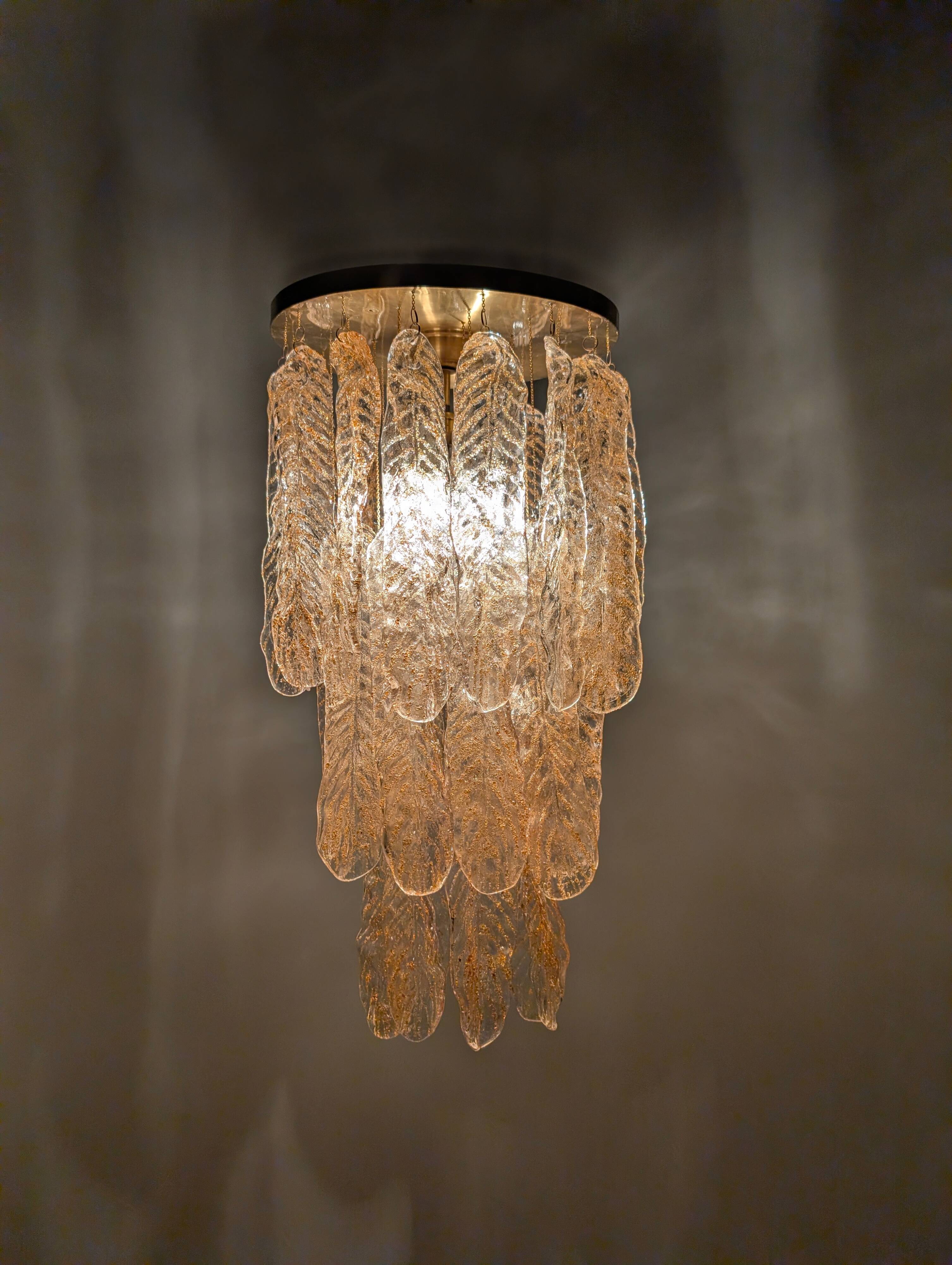 Italian Chandelier with Amber Caramel Murano Glass Leaves, 1970s