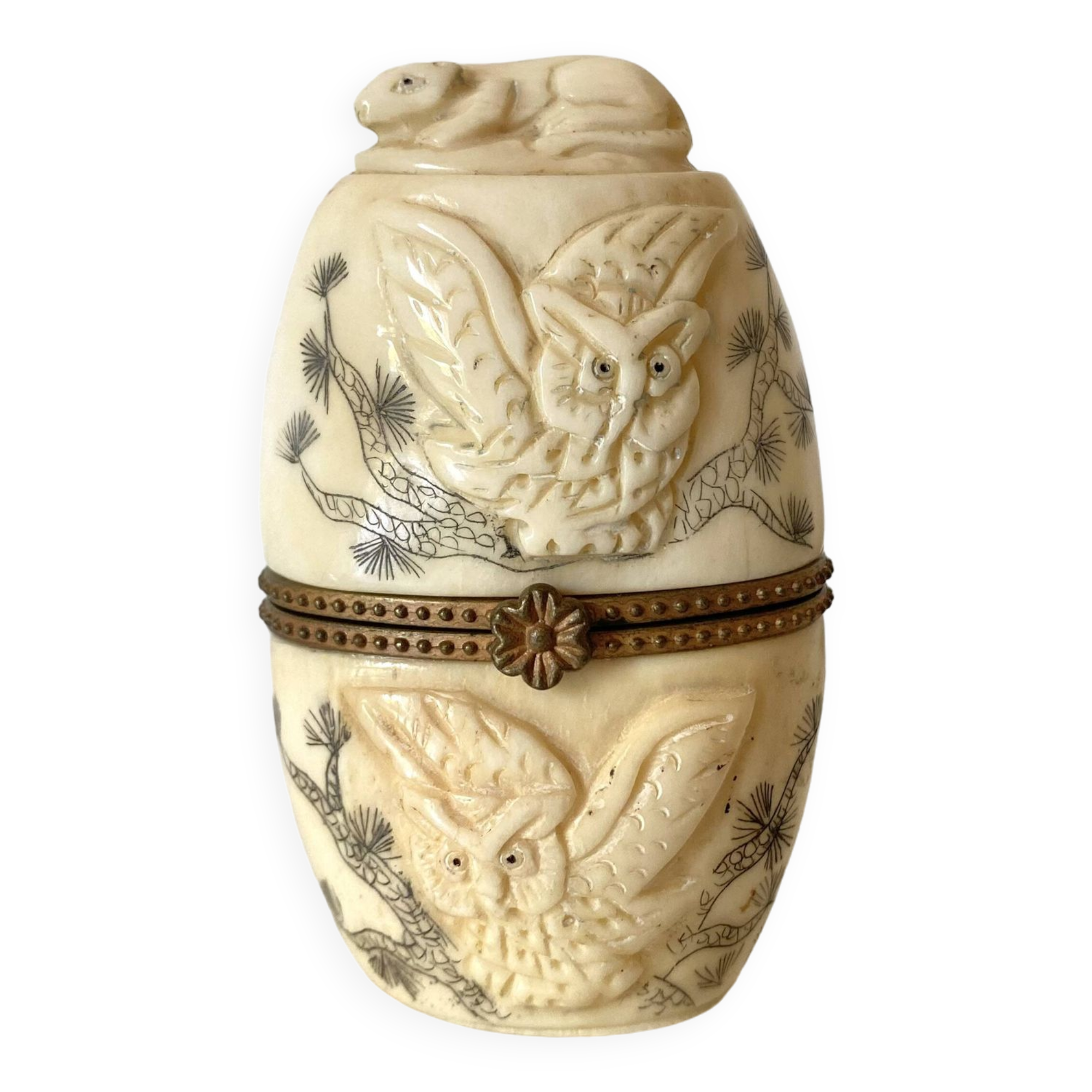 Ivory and brass owl and ermine box