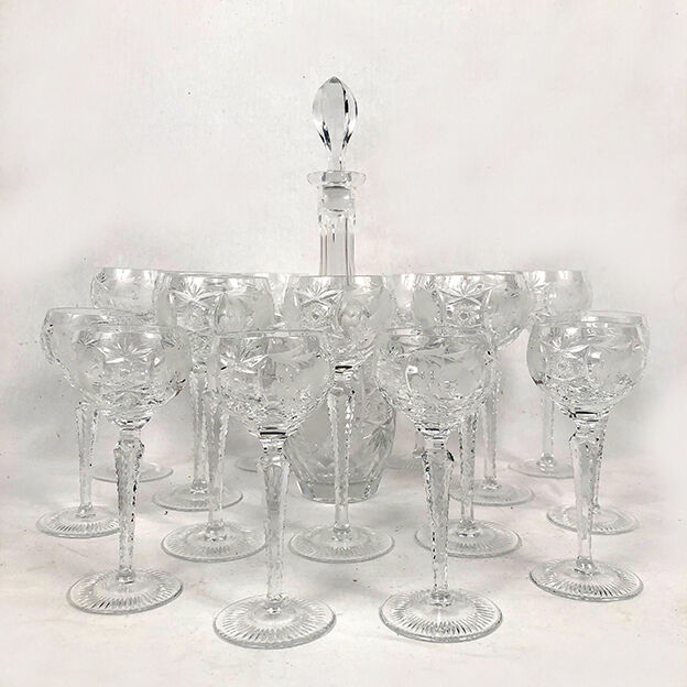 Cut crystal service, decanter, wine glasses and water glasses