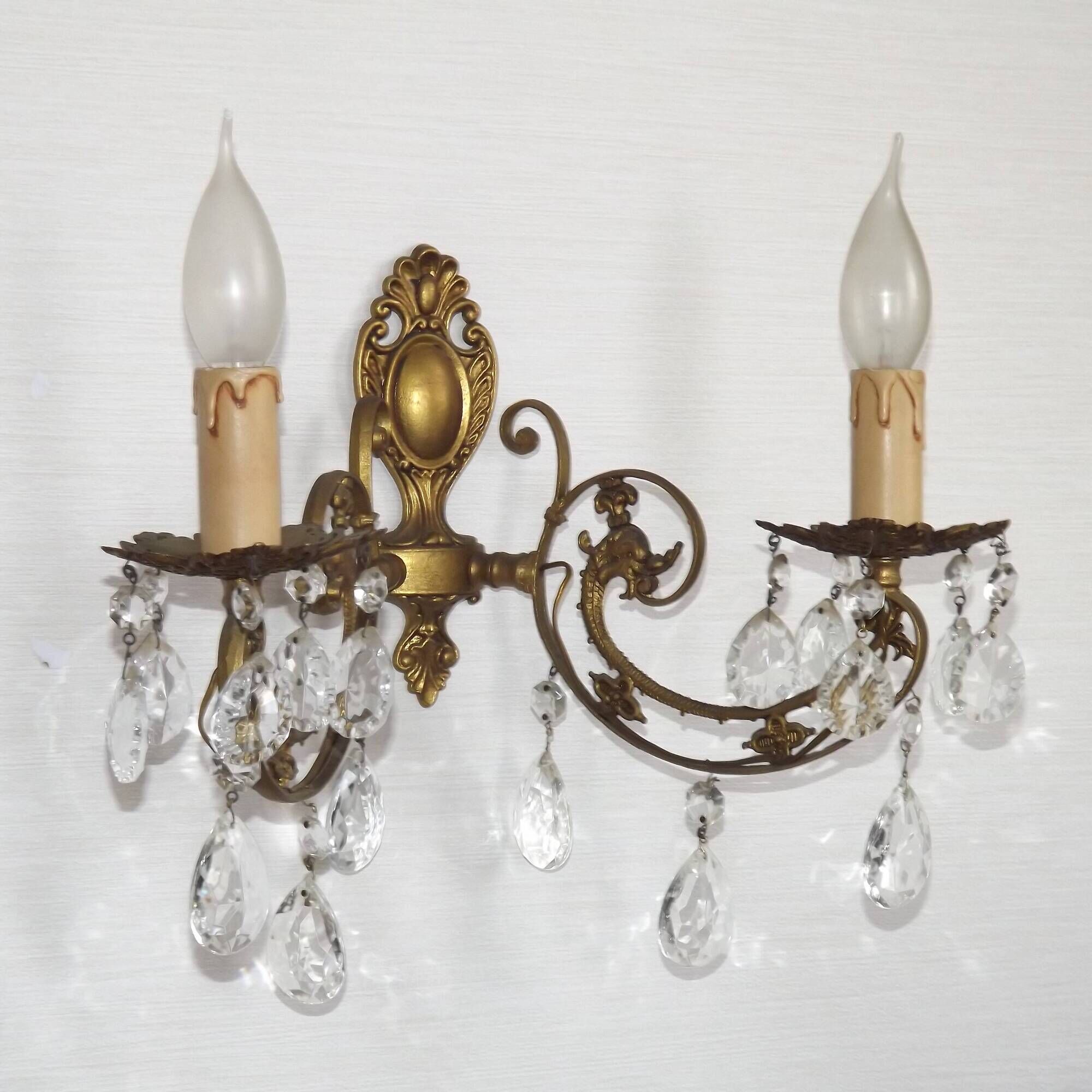 French Vintage Double Bronze & Crystal Wall Light - Stylized Dolphin Detail