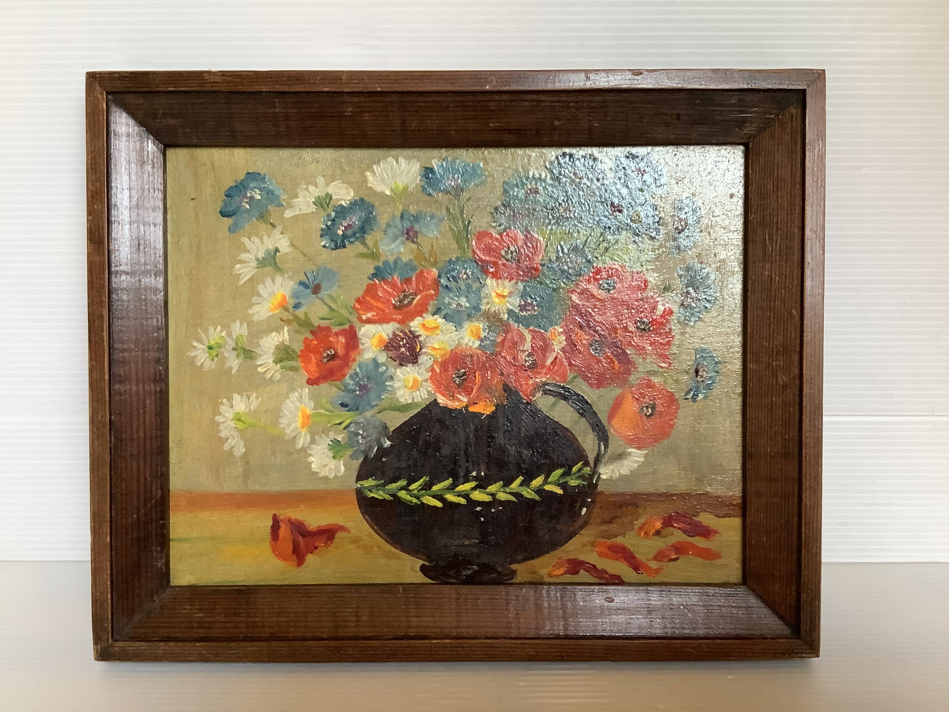 Bouquet of flowers oil on panel painting