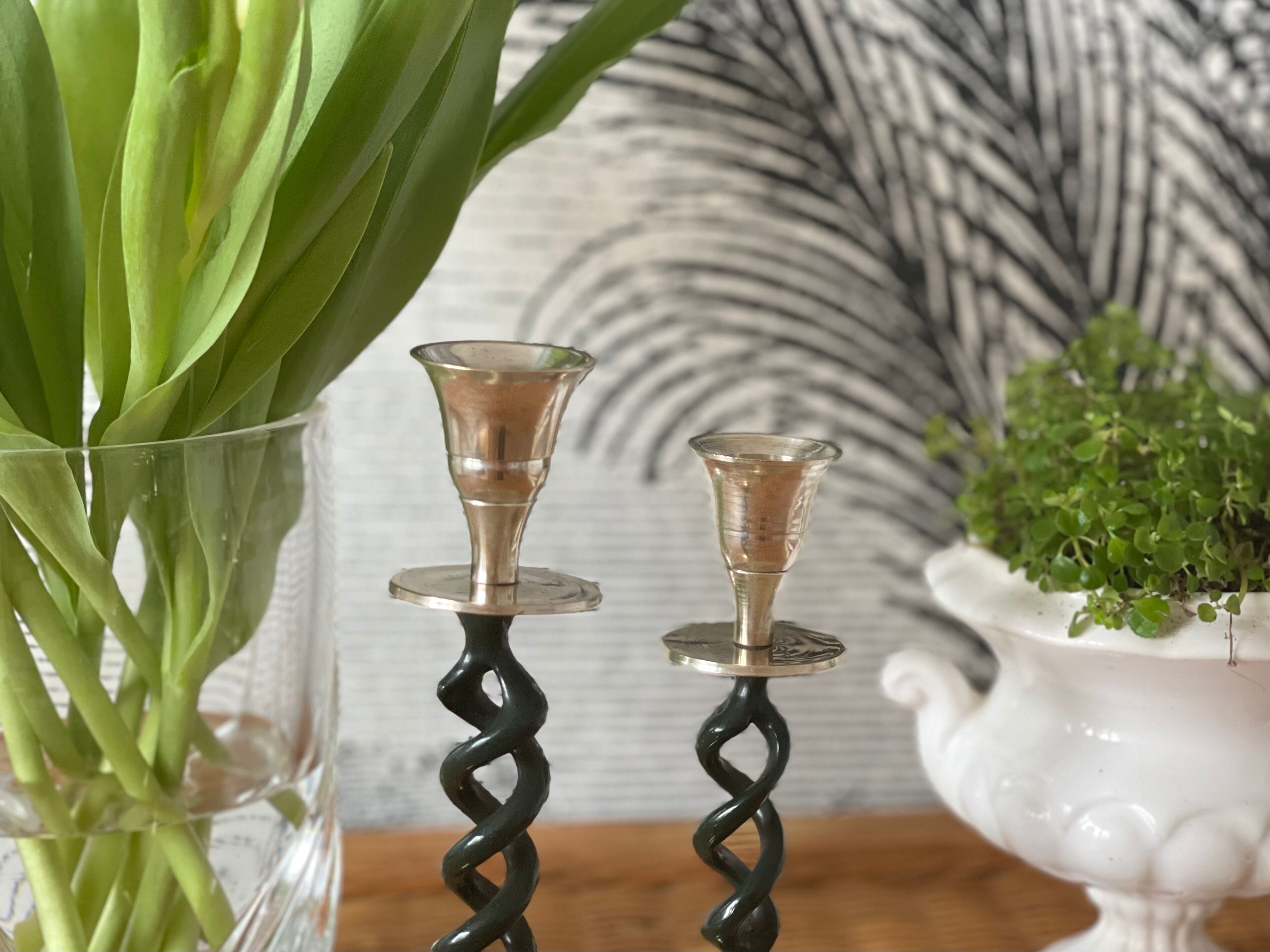 2 candle holders in brass and ceramic 1950