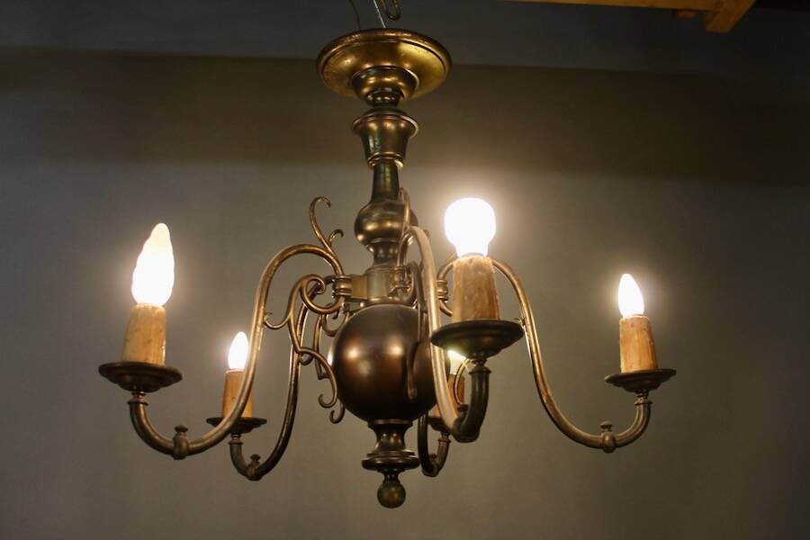 19th Century Dutch Bronze Chandelier with 5 Light Arms