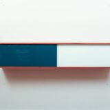 Vintage mid-century wall hung oak cabinets, blue & white sliding glass door