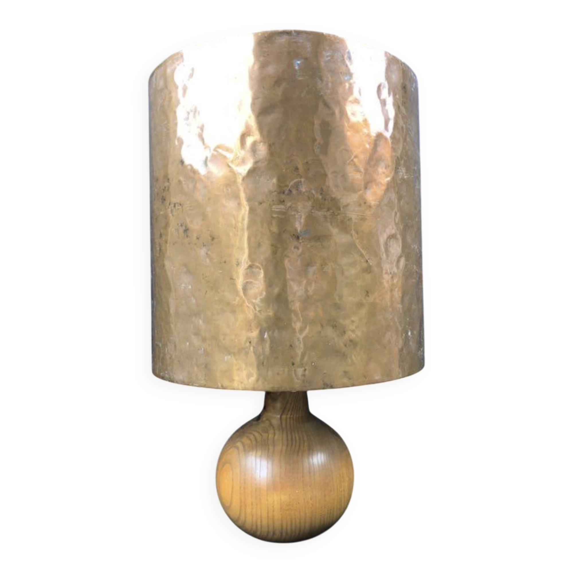 Lampe vintage moderniste bois et cuivre martelé