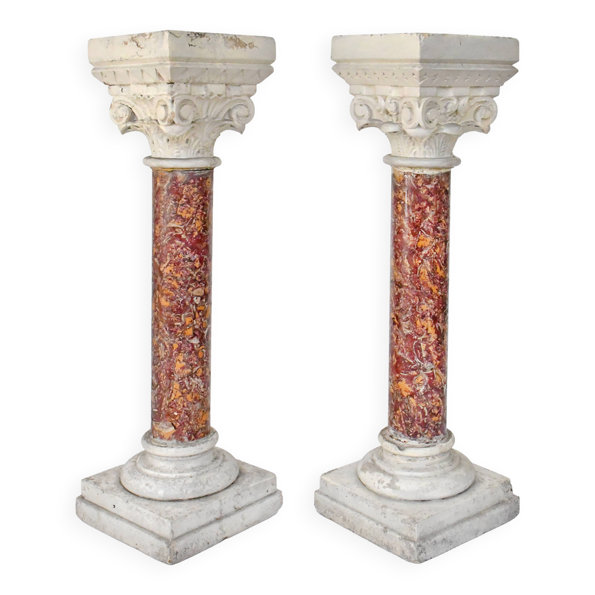 Pair of Brocatelle marble columns and stone with Corinthian capitals.