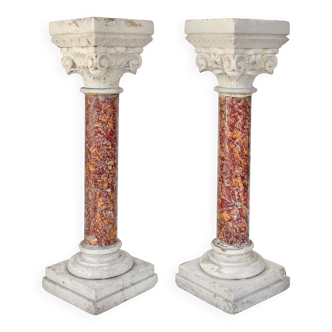 Pair of Brocatelle marble columns and stone with Corinthian capitals.