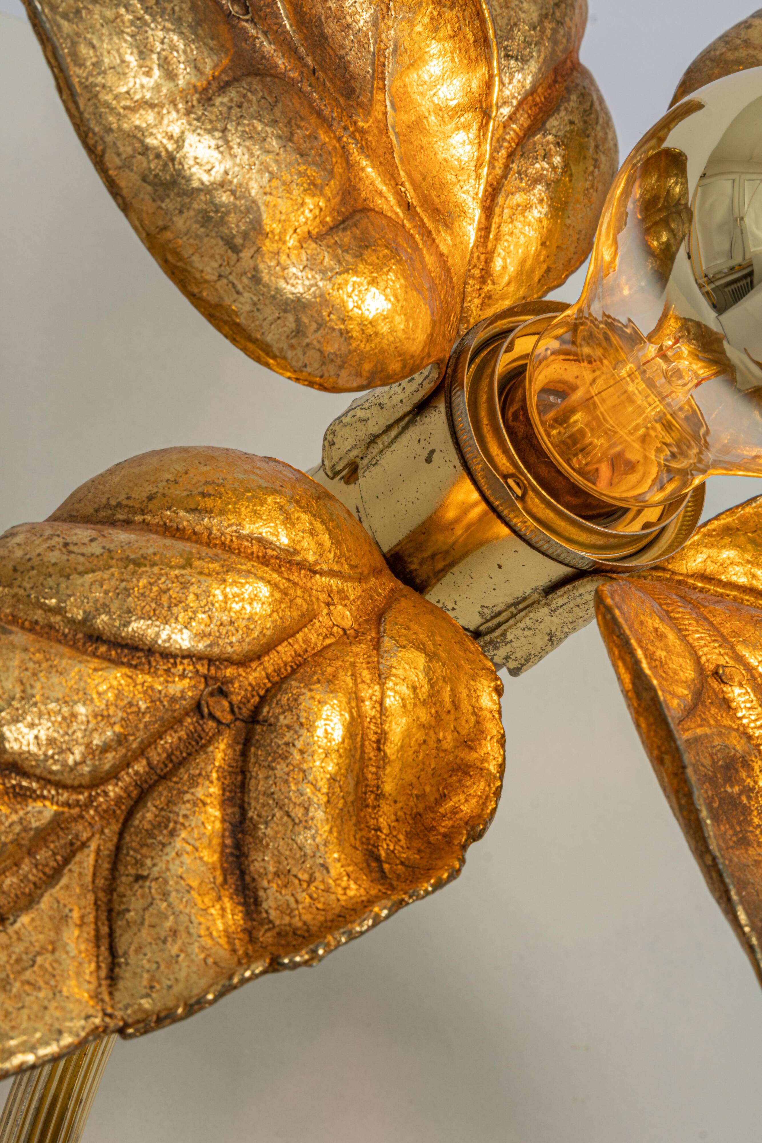 Large double flower wall sconces in brass, Willy Daro style, 1970s.