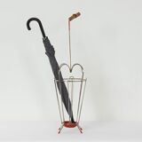 VINTAGE UMBRELLA STAND OF CURVED METAL, RED DETAILS AND A BAMBOO HANDLE, 1950S