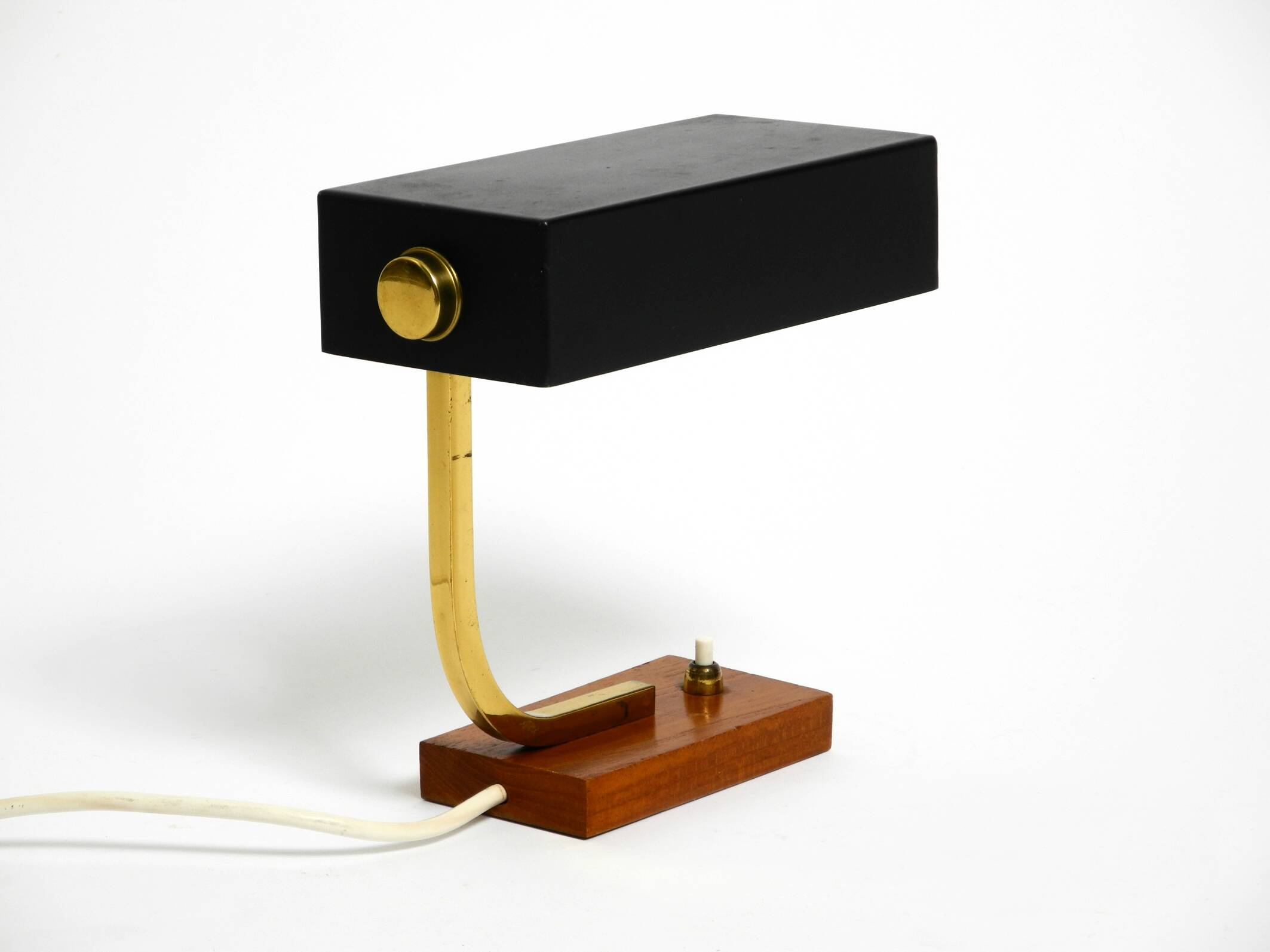 Beautiful small Mid Century Modern metal and brass table lamp with teak bas