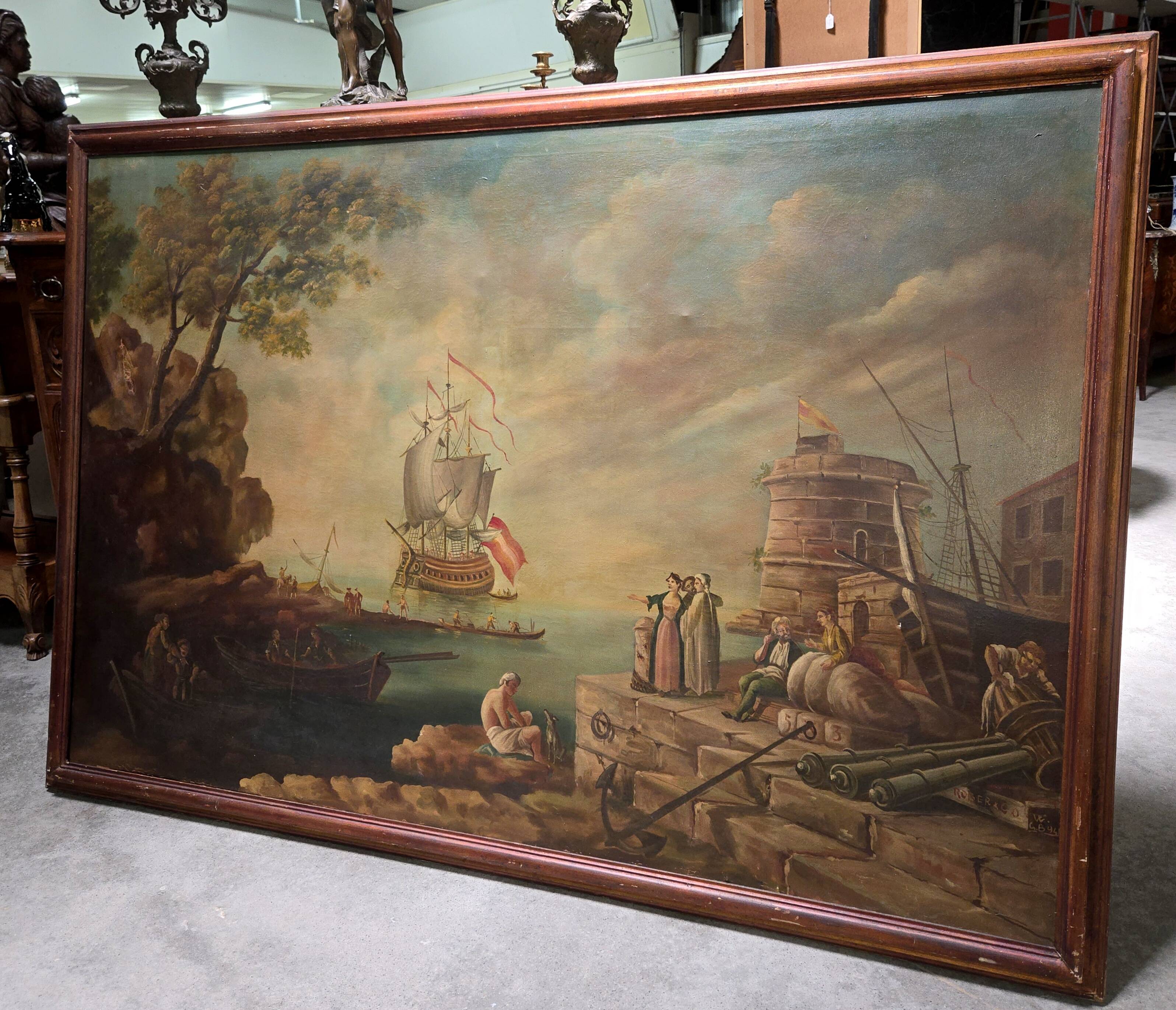 Very important animated marine scene – Oil on canvas in the style of the 18th century.
