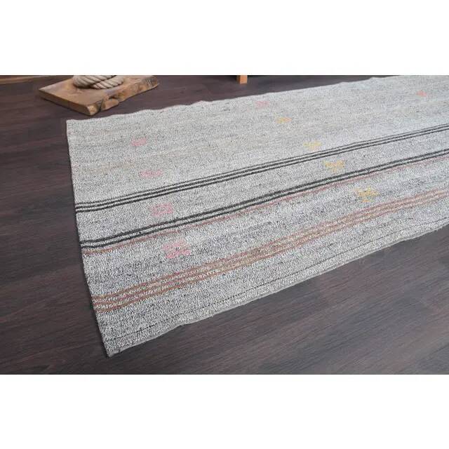 Vintage Turkish Hand-Knotted Wool Cotton Gray Kilim Runner 102x266