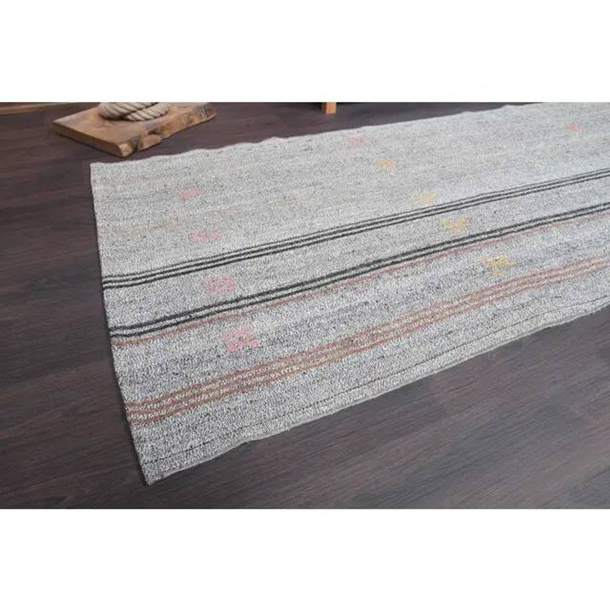Vintage Turkish Hand-Knotted Wool Cotton Gray Kilim Runner 102x266