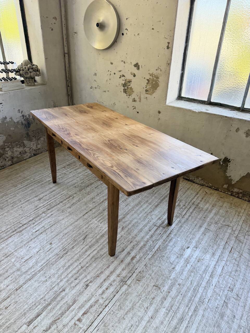 1950s pine and oak farmhouse table with multiple drawers