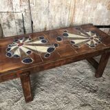 Old 70's Coffee Table Wood + Vintage Painted Ceramic Tiles #A608