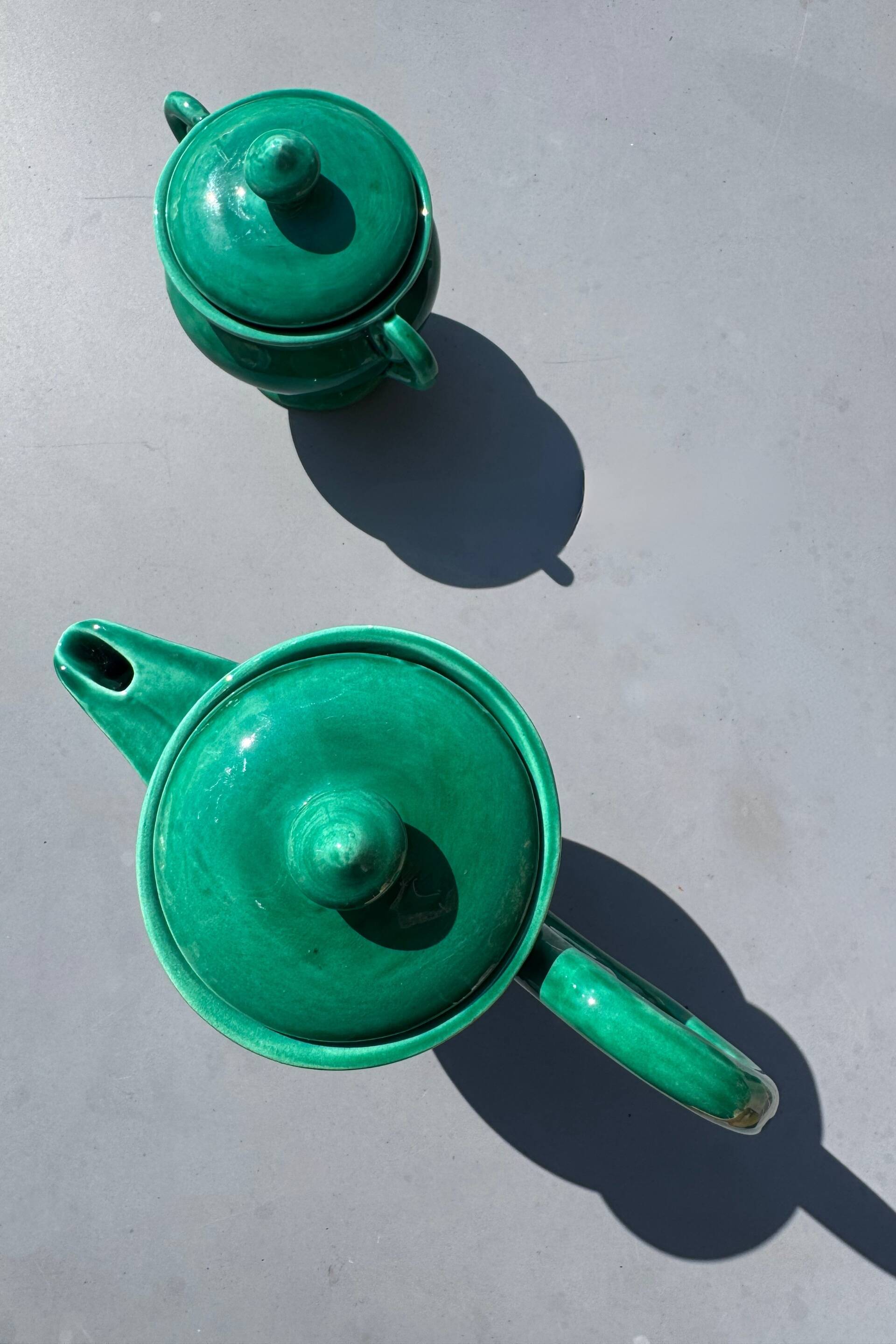 Ceramic glazed green jug and sugar bowl set, Vallauris