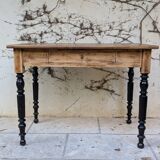 Solid wood desk, black base