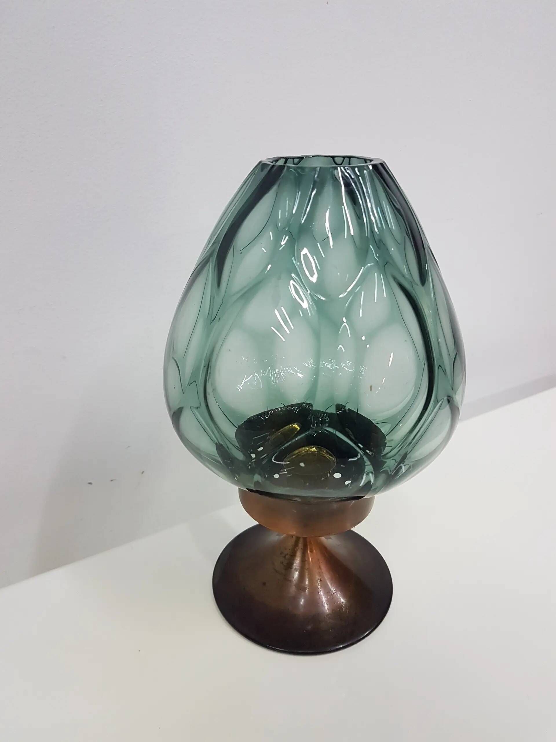 Candlestick, gold-tone brass, clear greenish glass, Austria, 1960s.