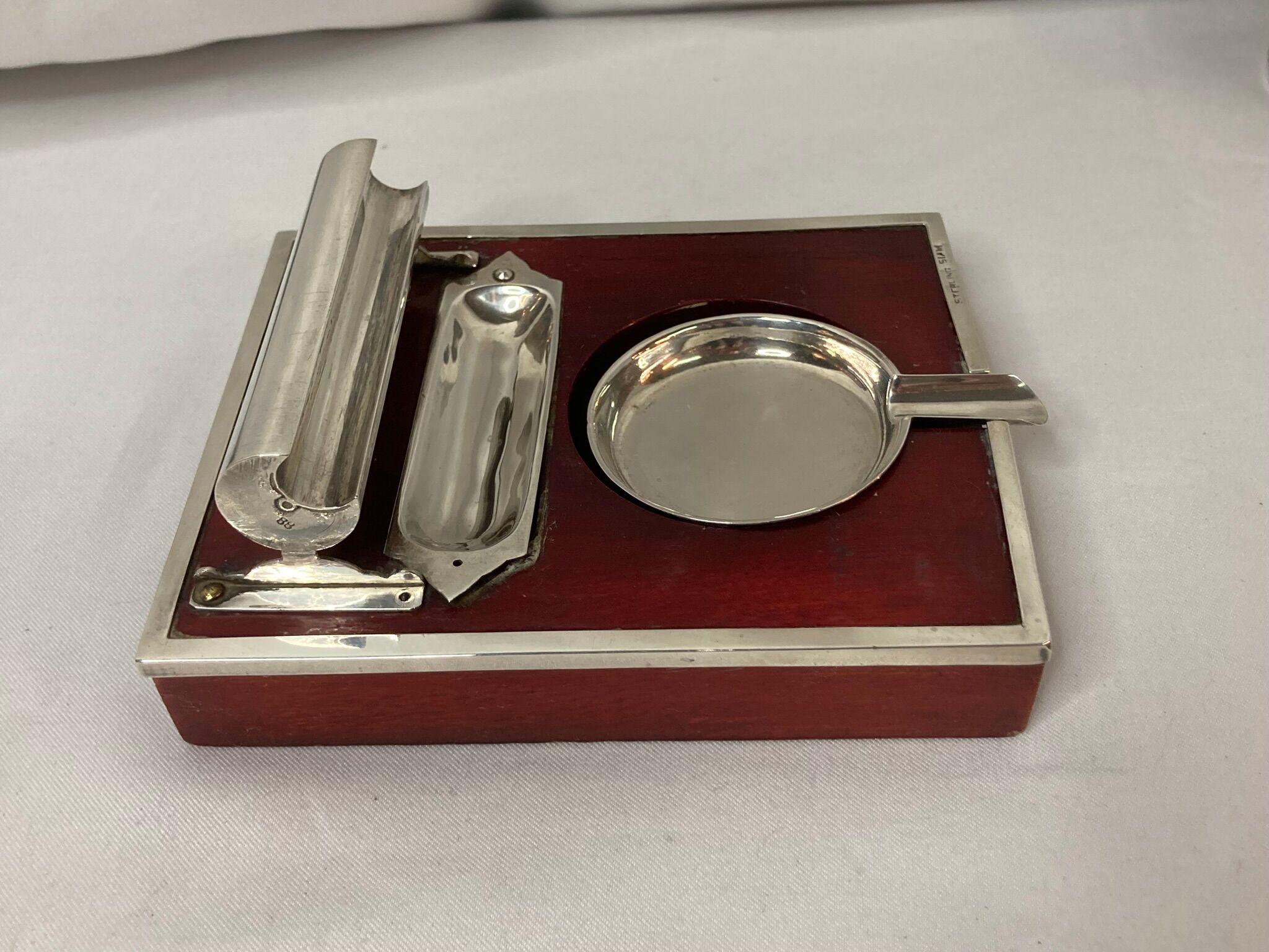 2211869 Vintage, necessary smoker ashtray silver metal red wood circa 1940