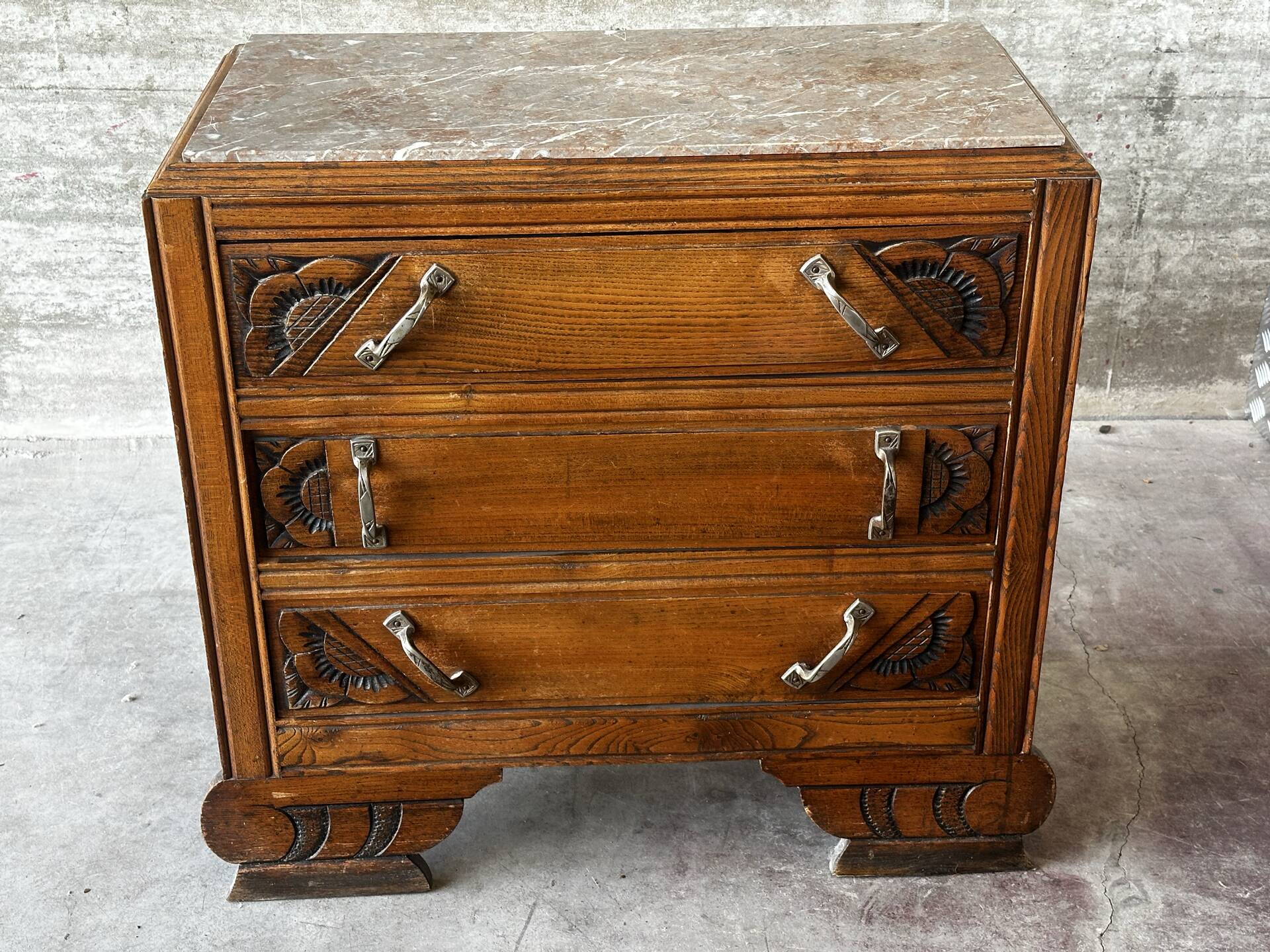 Compact Art Deco commode from the 1930s, carved wood and marble.