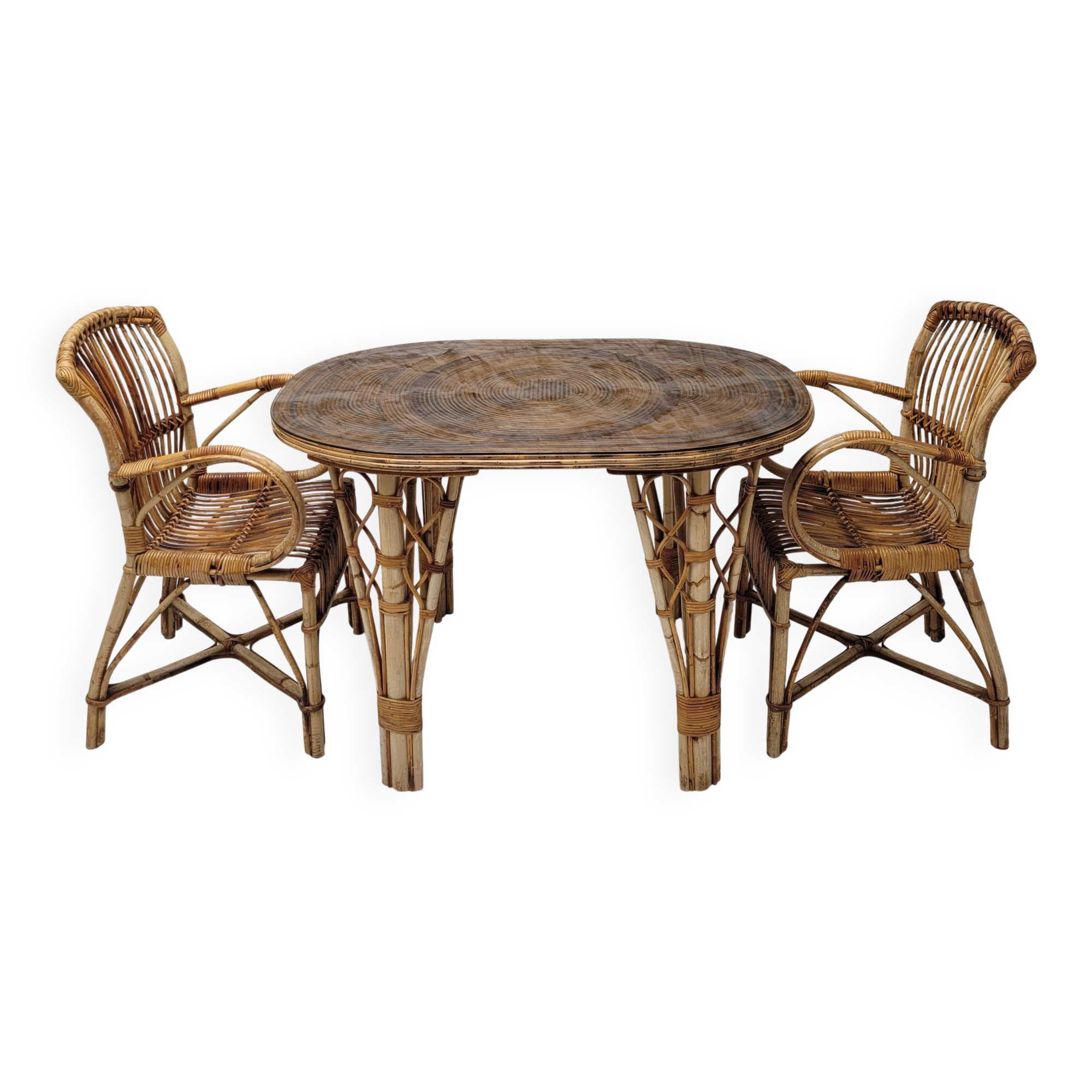 Audoux Minet duo table with bamboo rattan and smoked glass armchairs