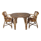 Audoux Minet duo table with bamboo rattan and smoked glass armchairs