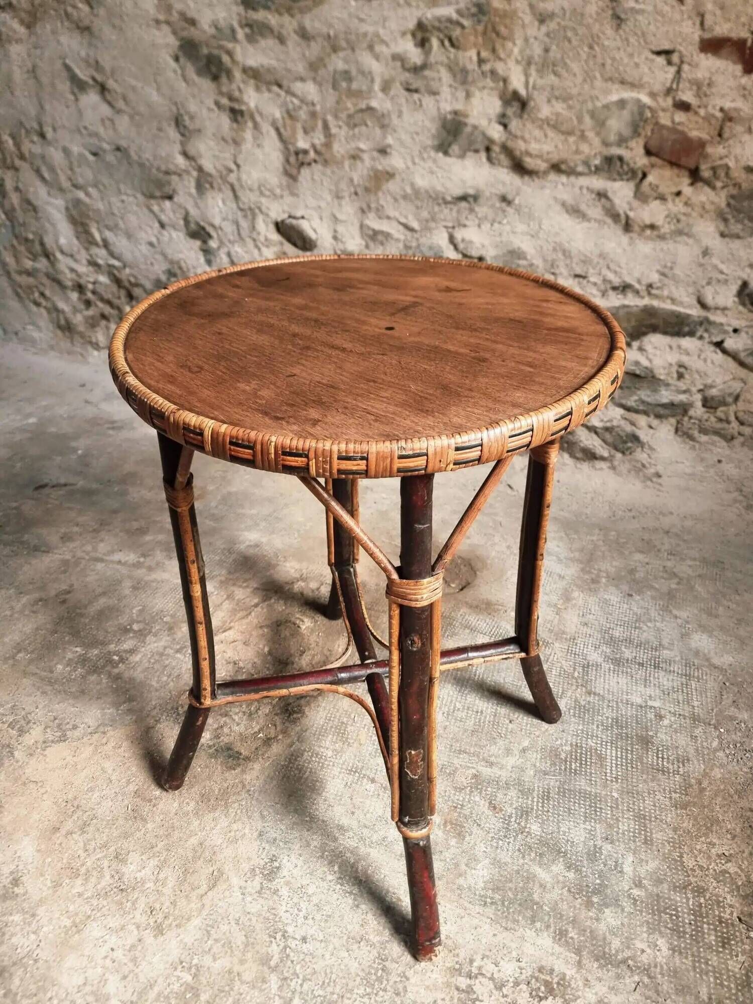 Vintage Round Bamboo and Wood Side Table | Mid-Century Bohemian Accent Table – 1950s/70s