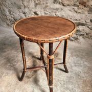 Vintage Round Bamboo and Wood Side Table | Mid-Century Bohemian Accent Table – 1950s/70s