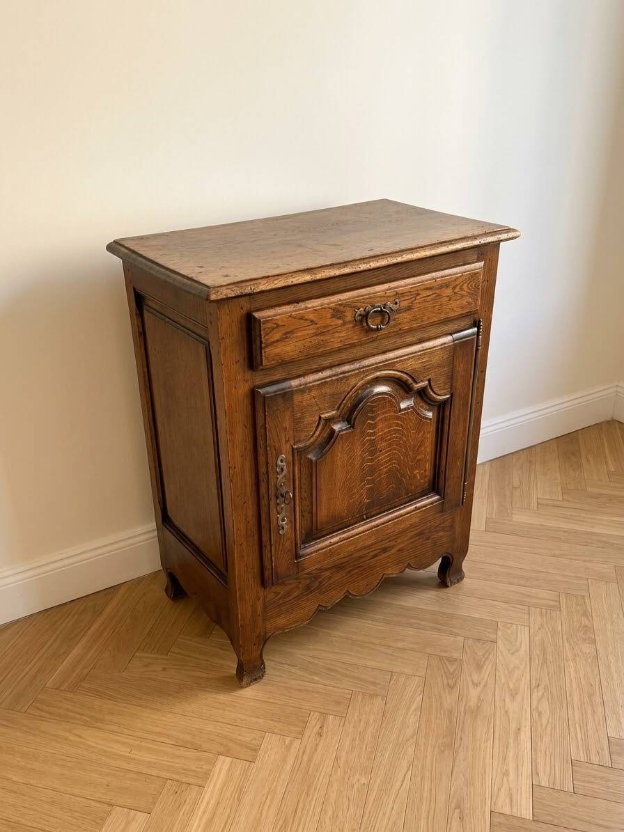 Small cupboard, jam cabinet with one door and one drawer, rustic, oak, solid wood.
